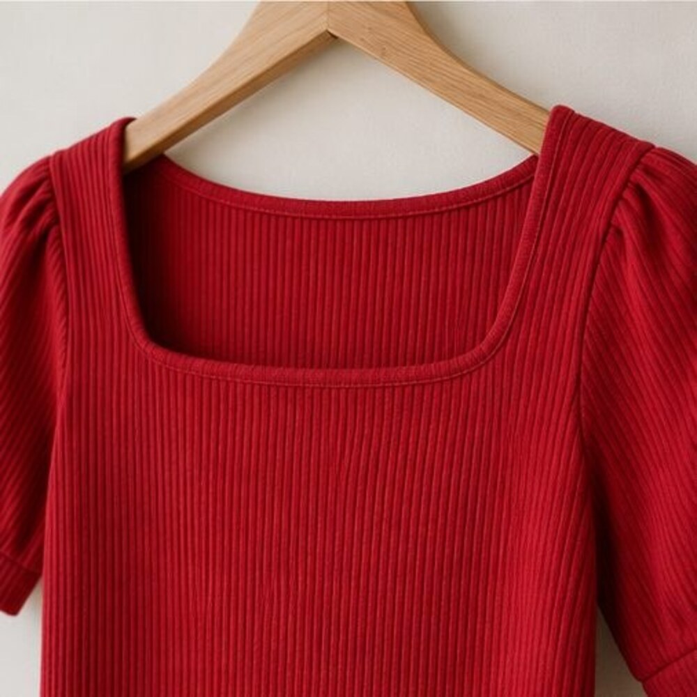 Red Ribbed Square Neck Top - Picture 4 of 6